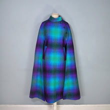 Load image into Gallery viewer, 70s JIMMY HOURIHAN "BORU" PSYCHEDELIC PURPLE GREEN BLUE LONG IRISH WOOL PLAID CAPE COAT - S-M