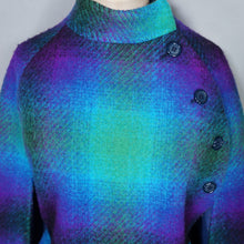 Load image into Gallery viewer, 70s JIMMY HOURIHAN "BORU" PSYCHEDELIC PURPLE GREEN BLUE LONG IRISH WOOL PLAID CAPE COAT - S-M