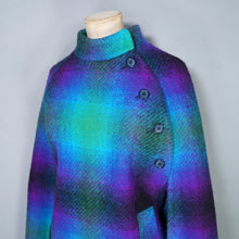 Load image into Gallery viewer, 70s JIMMY HOURIHAN "BORU" PSYCHEDELIC PURPLE GREEN BLUE LONG IRISH WOOL PLAID CAPE COAT - S-M