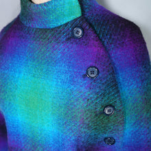 Load image into Gallery viewer, 70s JIMMY HOURIHAN "BORU" PSYCHEDELIC PURPLE GREEN BLUE LONG IRISH WOOL PLAID CAPE COAT - S-M