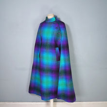 Load image into Gallery viewer, 70s JIMMY HOURIHAN "BORU" PSYCHEDELIC PURPLE GREEN BLUE LONG IRISH WOOL PLAID CAPE COAT - S-M