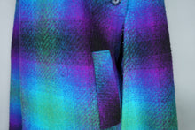 Load image into Gallery viewer, 70s JIMMY HOURIHAN "BORU" PSYCHEDELIC PURPLE GREEN BLUE LONG IRISH WOOL PLAID CAPE COAT - S-M