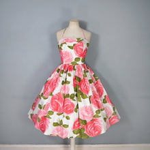 Load image into Gallery viewer, 50s LARGE PINK PAINTERLY ROSE PRINT HALTER SUN DRESS - S