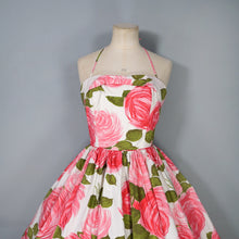 Load image into Gallery viewer, 50s LARGE PINK PAINTERLY ROSE PRINT HALTER SUN DRESS - S