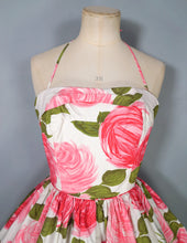 Load image into Gallery viewer, 50s LARGE PINK PAINTERLY ROSE PRINT HALTER SUN DRESS - S