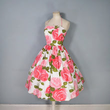 Load image into Gallery viewer, 50s LARGE PINK PAINTERLY ROSE PRINT HALTER SUN DRESS - S