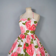 Load image into Gallery viewer, 50s LARGE PINK PAINTERLY ROSE PRINT HALTER SUN DRESS - S