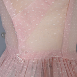 50s PASTEL BALLET PINK SHEER TULLE DRESS WITH COLLAR AND BOW - XS