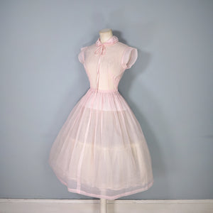 50s PASTEL BALLET PINK SHEER TULLE DRESS WITH COLLAR AND BOW - XS
