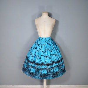 50s 60s BLUE AND BLACK NOVELTY BORDER VENICE CITYSCAPE PRINT FULL SKIRT - 24-25"