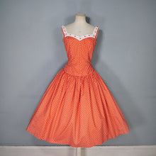 Load image into Gallery viewer, 50s 60s RED POLKA DOT CALIFORNIA COTTONS DRESS WITH DAISY BUTTON TRIM  - S-M