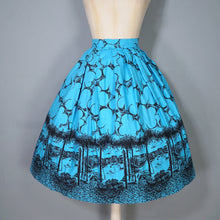 Load image into Gallery viewer, 50s 60s BLUE AND BLACK NOVELTY BORDER VENICE CITYSCAPE PRINT FULL SKIRT - 24-25&quot;