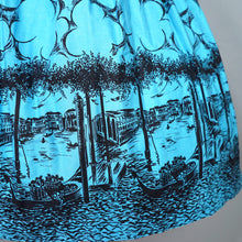 Load image into Gallery viewer, 50s 60s BLUE AND BLACK NOVELTY BORDER VENICE CITYSCAPE PRINT FULL SKIRT - 24-25&quot;