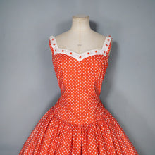 Load image into Gallery viewer, 50s 60s RED POLKA DOT CALIFORNIA COTTONS DRESS WITH DAISY BUTTON TRIM  - S-M