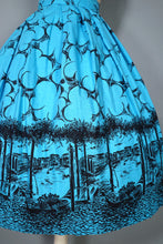 Load image into Gallery viewer, 50s 60s BLUE AND BLACK NOVELTY BORDER VENICE CITYSCAPE PRINT FULL SKIRT - 24-25&quot;