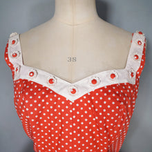 Load image into Gallery viewer, 50s 60s RED POLKA DOT CALIFORNIA COTTONS DRESS WITH DAISY BUTTON TRIM  - S-M