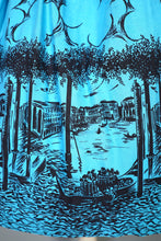 Load image into Gallery viewer, 50s 60s BLUE AND BLACK NOVELTY BORDER VENICE CITYSCAPE PRINT FULL SKIRT - 24-25&quot;