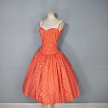Load image into Gallery viewer, 50s 60s RED POLKA DOT CALIFORNIA COTTONS DRESS WITH DAISY BUTTON TRIM  - S-M