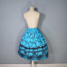 Load image into Gallery viewer, 50s 60s BLUE AND BLACK NOVELTY BORDER VENICE CITYSCAPE PRINT FULL SKIRT - 24-25&quot;