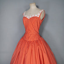 Load image into Gallery viewer, 50s 60s RED POLKA DOT CALIFORNIA COTTONS DRESS WITH DAISY BUTTON TRIM  - S-M