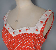 Load image into Gallery viewer, 50s 60s RED POLKA DOT CALIFORNIA COTTONS DRESS WITH DAISY BUTTON TRIM  - S-M