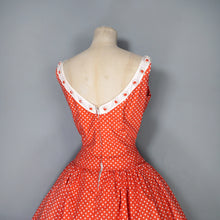 Load image into Gallery viewer, 50s 60s RED POLKA DOT CALIFORNIA COTTONS DRESS WITH DAISY BUTTON TRIM  - S-M