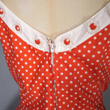 Load image into Gallery viewer, 50s 60s RED POLKA DOT CALIFORNIA COTTONS DRESS WITH DAISY BUTTON TRIM  - S-M