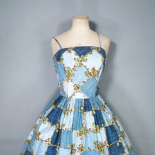 Load image into Gallery viewer, 50s HORROCKSES FASHIONS BLUE STRAPPY FULL SKRTED FLORAL GRID PRINT SUN DRESS - S