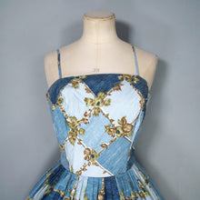 Load image into Gallery viewer, 50s HORROCKSES FASHIONS BLUE STRAPPY FULL SKRTED FLORAL GRID PRINT SUN DRESS - S