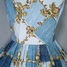 Load image into Gallery viewer, 50s HORROCKSES FASHIONS BLUE STRAPPY FULL SKRTED FLORAL GRID PRINT SUN DRESS - S