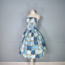 Load image into Gallery viewer, 50s HORROCKSES FASHIONS BLUE STRAPPY FULL SKRTED FLORAL GRID PRINT SUN DRESS - S