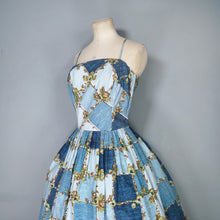 Load image into Gallery viewer, 50s HORROCKSES FASHIONS BLUE STRAPPY FULL SKRTED FLORAL GRID PRINT SUN DRESS - S