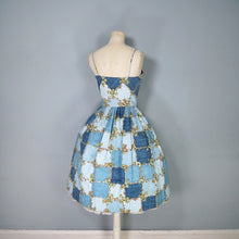 Load image into Gallery viewer, 50s HORROCKSES FASHIONS BLUE STRAPPY FULL SKRTED FLORAL GRID PRINT SUN DRESS - S