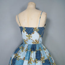 Load image into Gallery viewer, 50s HORROCKSES FASHIONS BLUE STRAPPY FULL SKRTED FLORAL GRID PRINT SUN DRESS - S