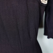 Load image into Gallery viewer, 40s BLACK CREPE BLOUSE WITH WHITE PIPING AND STUDDED POCKET - S