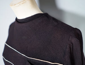 40s BLACK CREPE BLOUSE WITH WHITE PIPING AND STUDDED POCKET - S
