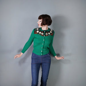 70s RIB KNIT GREEN TYROLEAN FOLKLORE FLORAL EMBROIDERED CARDIGAN - S