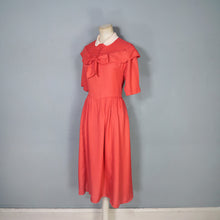 Load image into Gallery viewer, 40s CORAL SILKY RAYON TEA DRESS WITH BOW AND PETER PAN COLLAR - M