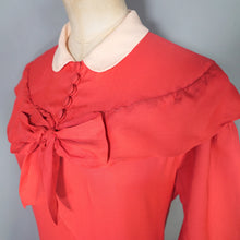 Load image into Gallery viewer, 40s CORAL SILKY RAYON TEA DRESS WITH BOW AND PETER PAN COLLAR - M