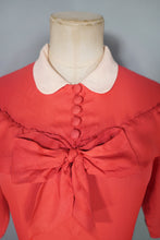Load image into Gallery viewer, 40s CORAL SILKY RAYON TEA DRESS WITH BOW AND PETER PAN COLLAR - M
