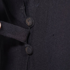 40s BLACK CREPE BLOUSE WITH WHITE PIPING AND STUDDED POCKET - S
