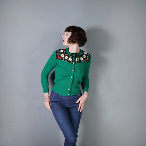 70s RIB KNIT GREEN TYROLEAN FOLKLORE FLORAL EMBROIDERED CARDIGAN - S