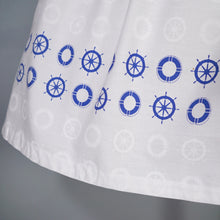 Load image into Gallery viewer, 50s STRAPLESS BLUE WHITE SHIPS WHEEL NAUTICAL PRINT SUN DRESS - XS