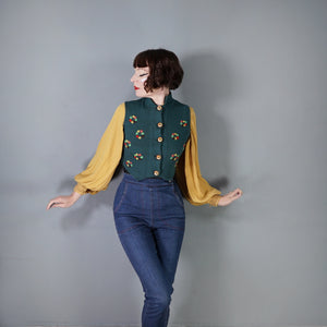 40s PURE WOOL FINE KNIT SLEEVELESS CARDIGAN / WAISTCOAT TANK WITH FLORAL EMBROIDERY - S-M