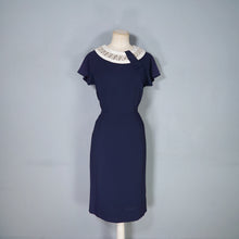 Load image into Gallery viewer, 60s NAVY BLUE RAYON WIGGLE DRESS WITH LACE COLLAR - S