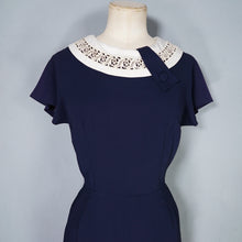 Load image into Gallery viewer, 60s NAVY BLUE RAYON WIGGLE DRESS WITH LACE COLLAR - S