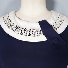 Load image into Gallery viewer, 60s NAVY BLUE RAYON WIGGLE DRESS WITH LACE COLLAR - S