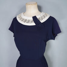 Load image into Gallery viewer, 60s NAVY BLUE RAYON WIGGLE DRESS WITH LACE COLLAR - S