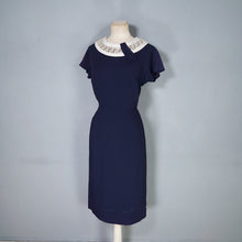 Load image into Gallery viewer, 60s NAVY BLUE RAYON WIGGLE DRESS WITH LACE COLLAR - S