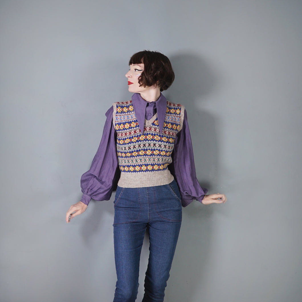 60s does 40s HANDKNITTED COLOURFUL FAIRISLE PATTERN TANK TOP - S